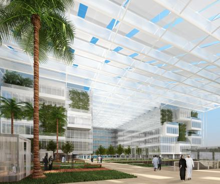 Rendering of rooftop commons view toward general hospital