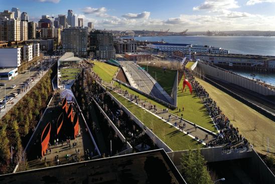 One of the projects featured in the exhibition is Weiss/Manfredi Architecture/Landscape/Urbanism’s Olympic Sculpture Park in Seattle. The project won a P/A Award from Architecture magazine in 2004, and was completed in 2007.