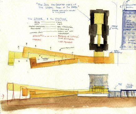 Watercolor showing conceptual differences between the existing and new buildings