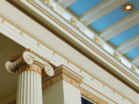 The Ionic columns in the second-floor atrium were modeled after those found at the Erechtheion in Athens.