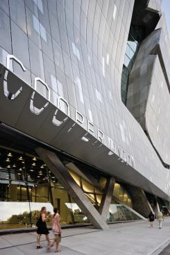 The façade of the building, designed to foster cross-disciplinary dialogue between the college's art, architecture, and engineering faculty and students.