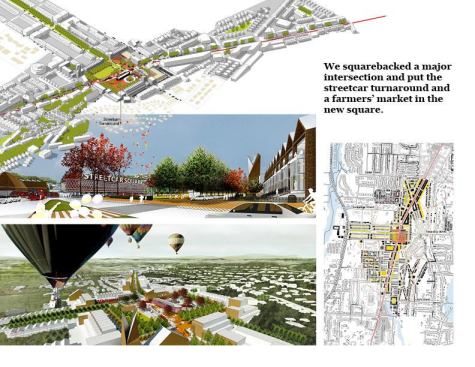 The plan features a new farmer's market at the site of the streetcar turnaround.