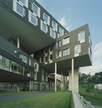 The building's fenestration and zinc exterior skin relate to the campus fabric. 