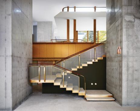 View of the main stair from living room/performance space for music.