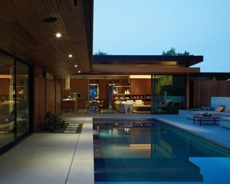 A view of the kitchen/family room from the pool deck.