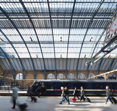 To the east of the Western Concourse, and accessed by a new series of gates at the southern end, are the train platforms in the station’s main train shed. John McAslan + Partners is overseeing restoration and refurbishment in this space as well: The reglazing of the barrel-vaulted roof is expected to be completed later this summer.