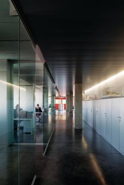 On the upper office floors, glass partitions and slightly reflective poured-in-place concrete screed flooring help natural daylight penetrate deep into the floor plate. 