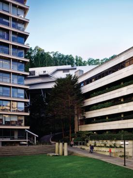 Tucked behind existing buildings, the RMB is accessed via a pedestrian bridge that connects to the ninth floor of a pair of connected 1960s glass-and-concrete structures.