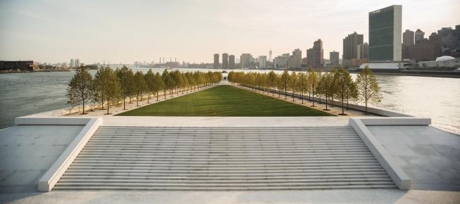 Kahn's Four Freedoms Park was completed nearly 40 years after the architect's death, the project rescued by a pair of unlikely saviors: an architect named Gina Pollara and a retired diplomat and longtime Roosevelt admirer named William vanden Heuvel.