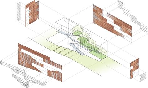 EXPLODED AXONOMETRIC VIEW OF THE BUILDING. The building's curtain wall is composed of 1,154 clear and etched color integral glass panels with a frit pattern that aids in the modulation of daylight.