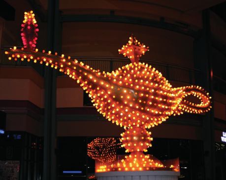 The iconic, glowing “Aladdin’s lamp” is one of the most popular signs featured in the Neon Museum’s Downtown Gallery. Restored and installed on Fremont Street at Las Vegas Boulevard in 1997, it is one of nine signs featured as public art throughout the downtown Las Vegas area.  