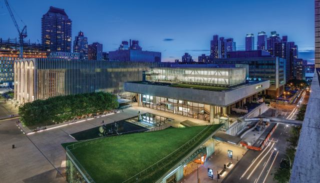 Overview of the whole Lincoln Center Theater plaza, night.