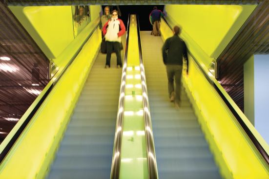 The chartreuse elevators in the library, 

hip in 2004, seem a little dated now.
