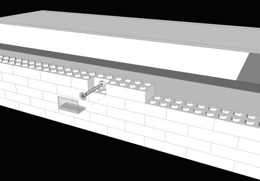 To fasten the Lego wall to the underlying fiber-cement board, standard Lego blocks with holes that can accommodate screws were used and then hidden behind another Lego piece.The covering pieces are all colored yellow, for easy location.