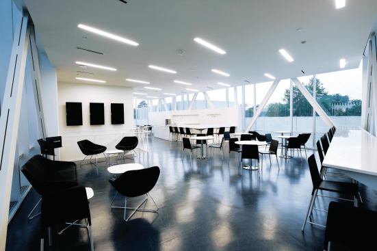 A third-story bridge links the Kohl Building to a new circulation tower that nestles between two of the Yamasaki volumes. The bridge doubles as a student lounge. Polished concrete floors and white walls create a neutral backdrop for the space, which can be used for everything from group study to impromptu performances.