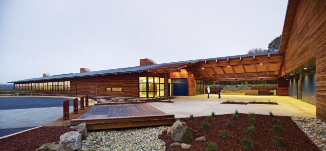 The Water Resources Center has to lead by example in the drought-prone and water-conscious Pajaro Valley. To that end, the landscaping features native and drought-tolerant plantings that require less than 70 percent of typical water usage. These plants are watered only when recycled water is available.