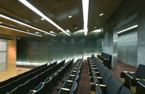 In the auditorium low-profile T8s accent the side wall-panel covelights.