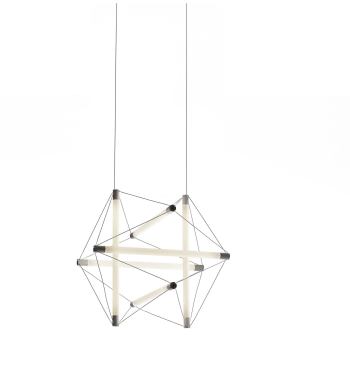 Ingo Maurer and Peter Hamburg's Light Structure. The luminaire features six glass tubes connected and held in tension by insulated wire.
