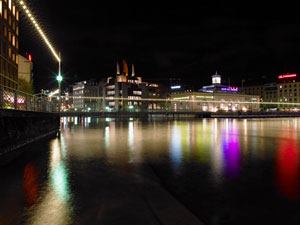 A view of the signature string lights along Lake Geneva in Geneva, Switzerland.