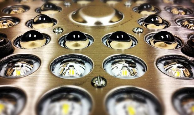 LEDs' compact size enable fixtures to decrease in size while increasing the effectiveness and precision of their optics. Shown is Beacon Products' Viper LED Area Light with a stainless-steel bezel and total internal reflection (TIR) optics.