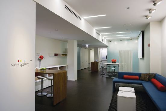 Located in Chicago’s River North neighborhood, Steelcase’s Workspring offers its users several different spaces in which to conduct business. Five private studios are outfitted with the company’s c:scape and media:scape furniture systems; the latter allows individuals to present work from their own seats. Public spaces include a café that offers seasonal and local food.