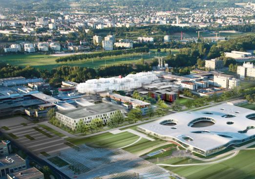 Aerial rendering of the campus, with the Rolex Learning Center in the foreground, and the new Dominique Perrault structures beyond.