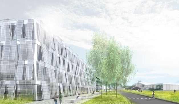 Steel screens cover the former mechanical engineering halls, soon to be the Center for Neuroprosthetics