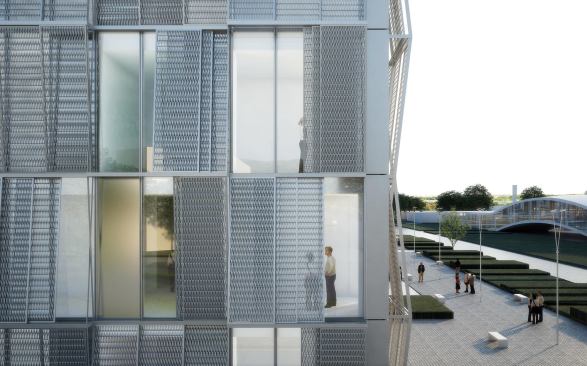 Detail of the Center for Neuroprosthetics exterior, adjacent to the Rolex Learning Center