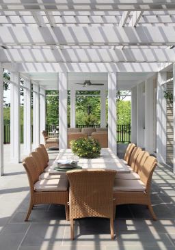 The pavilion includes both trellised and full-coverage seating areas.

