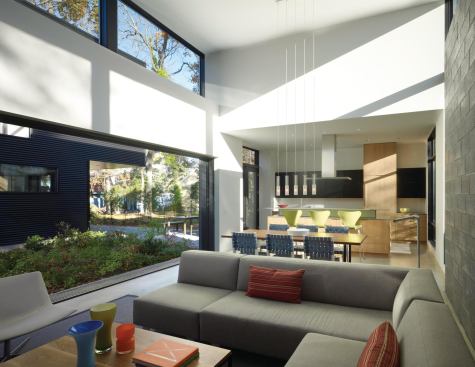 The eastern volume, with 16-foot-high ceilings, contains the public spaces.