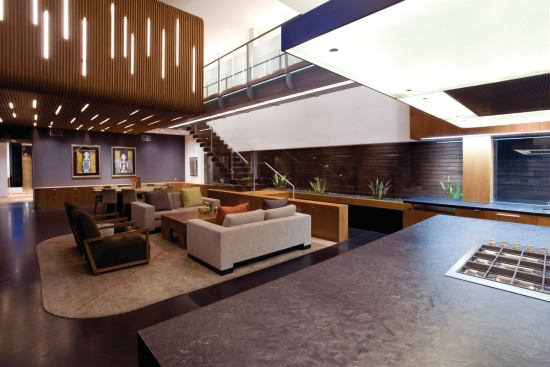 Inside, a "tree house"—the master bedroom closet—floats above the living room.