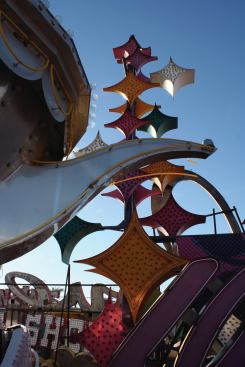 One of the most popular signs found inside the Neon Boneyard is the colorful Stardust Hotel and Casino spire. Created by AdArt Sign Company for the hotel casino, the sign design changed through the years to reflect popular design trends of the 60s, 70s and 80s. The Neon Museum’s collection features several sections of each version of this iconic sign.  