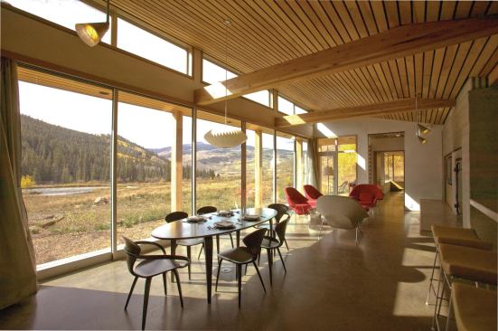 Passive solar strategies help the building cope with winter temperatures that reach double digits below zero.