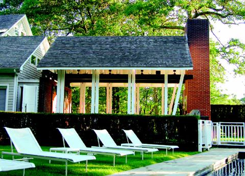 Custom Home Outdoors – Fall 2006  Architect: Audrey Matlock Architect, New York; Builder: KP Dutcher, Watermill, N.Y.   A 700-square-foot pavilion is the focus of several outdoor spaces and landscaped areas within this Long Island, N.Y., acreage. The airy destination draws people out of the house into a protected yet open-air room that accommodates all manner of activities. “Its purpose was to provide space for dining or entertaining,” architect Audrey Matlock explains, “while engaging the house visually and experientially with the landscape.”