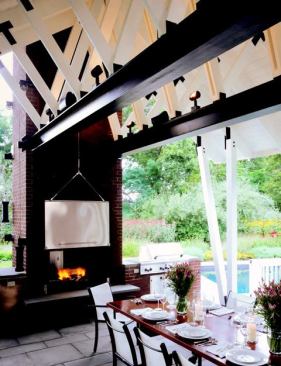 Custom Home Outdoors – Fall 2006  Architect: Audrey Matlock Architect, New York; Builder: KP Dutcher, Watermill, N.Y.   A 700-square-foot pavilion is the focus of several outdoor spaces and landscaped areas within this Long Island, N.Y., acreage. The airy destination draws people out of the house into a protected yet open-air room that accommodates all manner of activities. “Its purpose was to provide space for dining or entertaining,” architect Audrey Matlock explains, “while engaging the house visually and experientially with the landscape.”