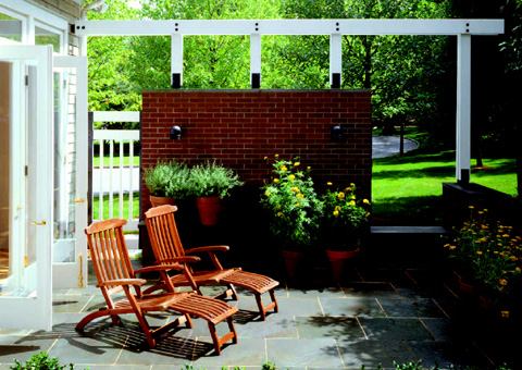 Custom Home Outdoors – Fall 2006  Architect: Audrey Matlock Architect, New York; Builder: KP Dutcher, Watermill, N.Y.   A 700-square-foot pavilion is the focus of several outdoor spaces and landscaped areas within this Long Island, N.Y., acreage. The airy destination draws people out of the house into a protected yet open-air room that accommodates all manner of activities. “Its purpose was to provide space for dining or entertaining,” architect Audrey Matlock explains, “while engaging the house visually and experientially with the landscape.”