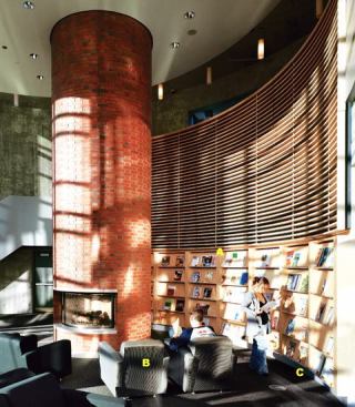 A  Periodical shelving Trend Millwork and Cabinets 
www.trendmillwork.com Custom installation of slatted wood wall divider and periodical shelves  Also carry out custom installations with metal and glass detailing on a residential and commercial level 
B  Eglinton lounge chair Keilhauer 
www.keilhauer.com Legs available in polished aluminum or powder-coat finish  Tablet arms available in laminate or wood  Frame is made from kiln-dried hardwood, then padded and upholstered in a geometric shape  Also available in an armless lounge chair, an ottoman, and two- and three-seater sofas 
C  Tightlock rubber baseboard Johnsonite 
www.johnsonite.com Tapered ??-inch thickness hides damage to wall board  Available in 3 1/4-inch-, 4 1/2-inch-, and 6 1/2-inchhigh faces for carpeted wall applications  Comes in 4-foot sections or 75-foot uninterrupted coils for installation in large rooms  Inside and outside corner pieces available for a crisp finish