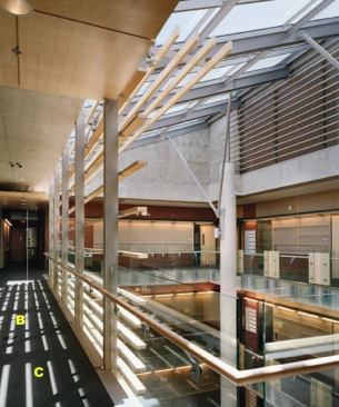 A  Recessed downlights with A12AK reflector Lightolier 
www.lightolier.com Compact fluorescent source  4-inch to 8 3/4-inch apertures  Reflectors to help direct and amplify light output  Variety of trim finish options  Precise optics to optimize performance in a space  Reflectors can be added at time of installation and removed for repair 
B  RWC200 raised access floors Tate ASP Access Floors 
www.aspmaxcess.com Each system features standard and heavy duty panels depending on traffic type  Systems can leave access for just wire and cable or wire, cable, and air  Systems include all steel, wood core, and aluminum, among others  Coverings include carpet tile, PosiTile, and HPL with integrated trim 
C  Entropy carpet tiles InterfaceFLOR 
www.interfaceflor.com Protekt soil/stain protection  Features 62 percent to 74 percent total recycled content, with 31 percent to 43 percent postindustrial and 31 percent post-consumer  48 available colorways  Tiles measure 19.69 inches (50 cm) square  Tufted yarn weight is 20 ounces per square yard  Pile is 1/5-inch high