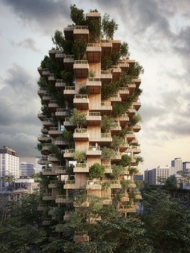 The Tree Tower in Toronto, an 18-story modular design inspired by the Habitat 67 project in Montreal by Moshe Safdie, FAIA, favors wood over steel and concrete, relying on prefabricated CLT panels to help reduce carbon emissions.