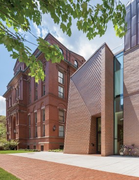 View from north of main entrance, with its complex brickwork