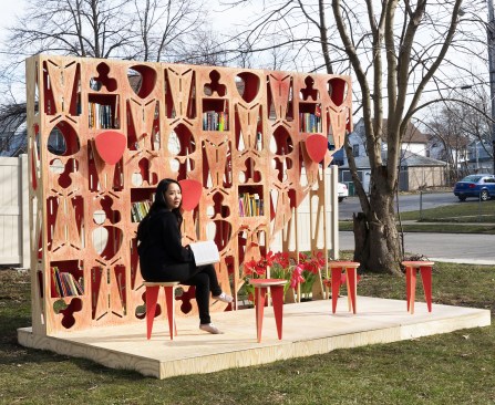 The winner of the 2017 Buffalo Architecture Foundation Little Free Library Design Competition, Tripe repurposes leftover wood used to make 36 reading stools into a porous screen where books can be housed.