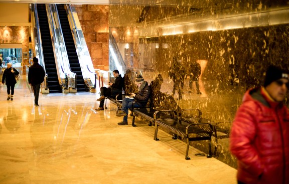 The bench that has become a gathering zone for reporters covering the President