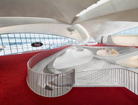 A catwalk that runs above the sunken lounge and under restored skylights