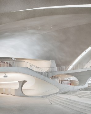 Guests check in at the rebuilt terminal counters (left) and then take a procession of steps up to the main level