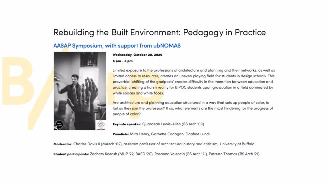 Zoom still from the 2020 symposium "Rebuilding the Built Environment: Pedagogy in Practice," organized by AASAP with support from University at Buffalo's National Organization of Minority Architects Students