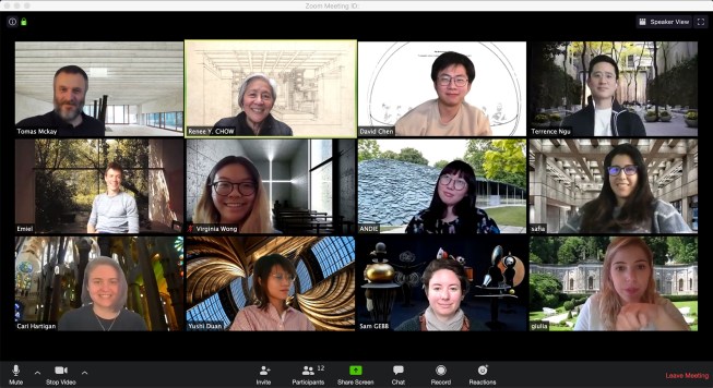 A graduate option studio at the University of California, Berkeley meets via Zoom; each person chose a different architecturally significant virtual background to enliven the meeting.
