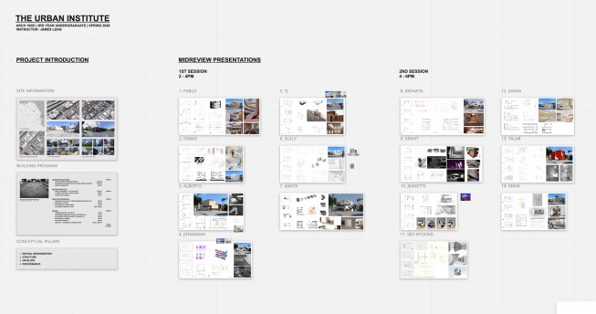 A screenshot of a virtual studio review using the collaborative online whiteboard program Miro for a 3rd year undergraduate course at the University of California, Berkeley.