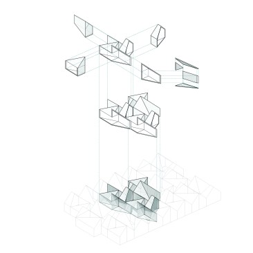 Exploded axonometric for Four Corners, exhibited at the Boston Society of Architects