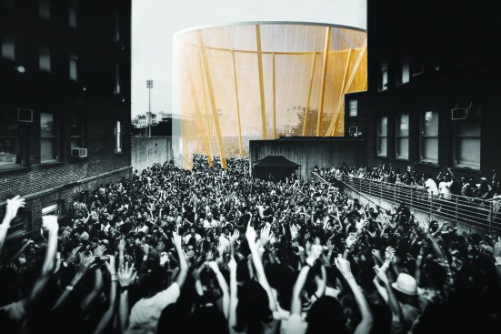 "Recess," a finalist proposal for MoMA PS1's Young Architects Program, suspends chain link from a wooden ring to form a transparent drum.