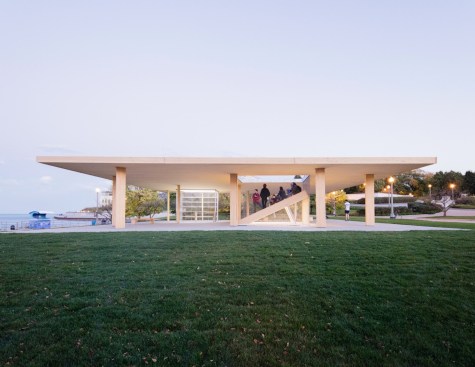 Ultramoderne’s Chicago Horizon project for the Chicago Architectural Biennial Lakefront Kiosk Competition is now located on the Chicago lakeshore, and is made using CLT, and provides a large shade canopy for beach-goers.